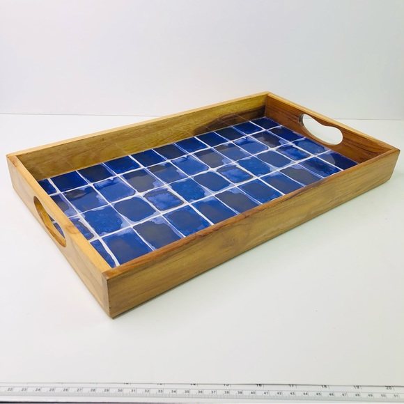 Gibson Elite Rectangle Serving Tray Dark Blue Enameled Handles Decor Display - Picture 4 of 6